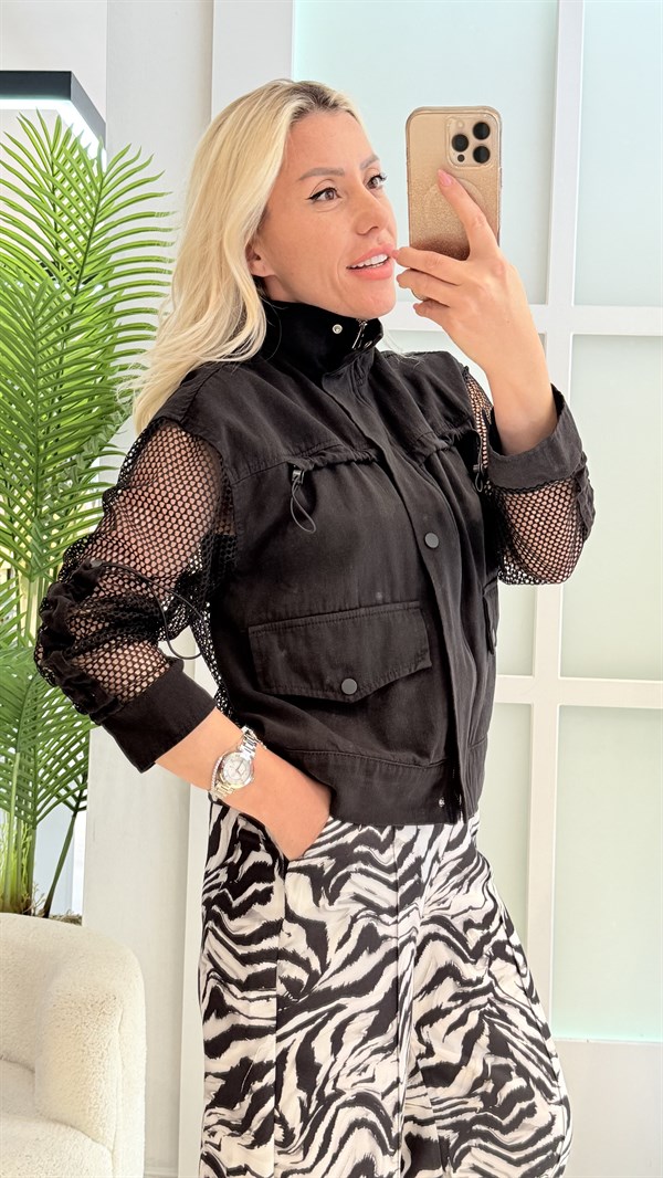 CRAZ SİYAH FİLELİ TASARIM CEKET 