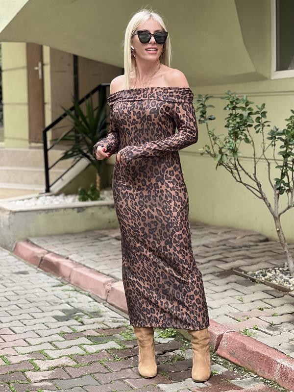 DÜŞÜK OMUZ LEOPAR ELBİSE 