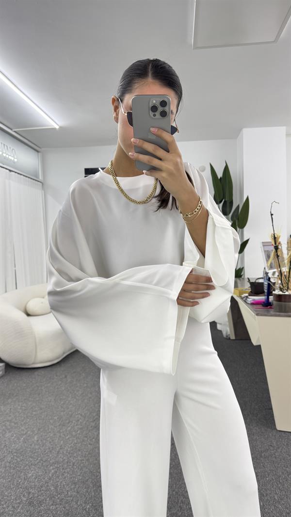 ENZO BEYAZ SATEN BLUZ