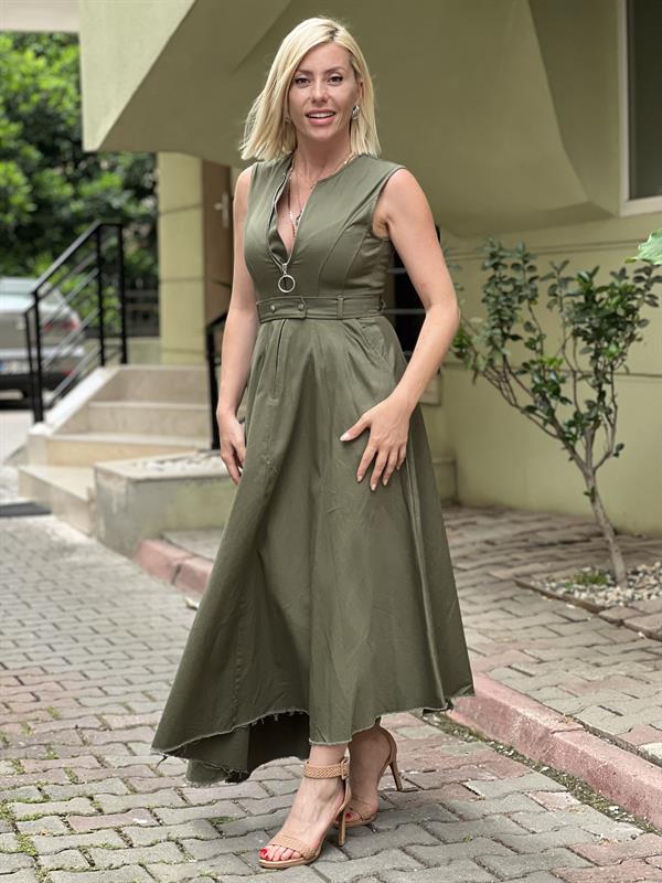 GABARDİN YEŞİL UZUN ELBİSE 