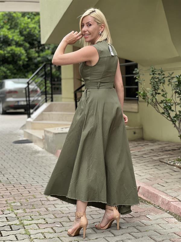GABARDİN YEŞİL UZUN ELBİSE 