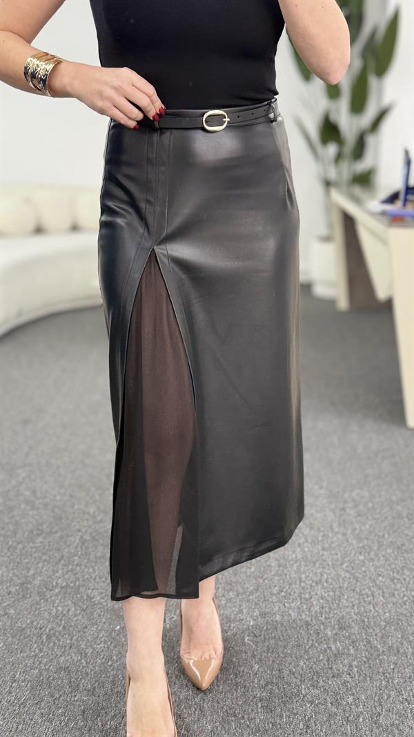 JADE TÜL DETAYLI DERİ ETEK