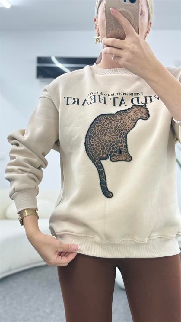 KİNSY LEOPAR DETAYLI BEJ SWEATSHIRT