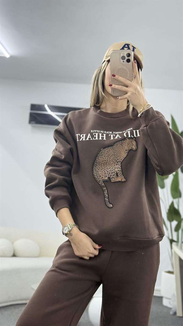 KİNSY LEOPAR DETAYLI KAHVERENGİ SEATSHIRT