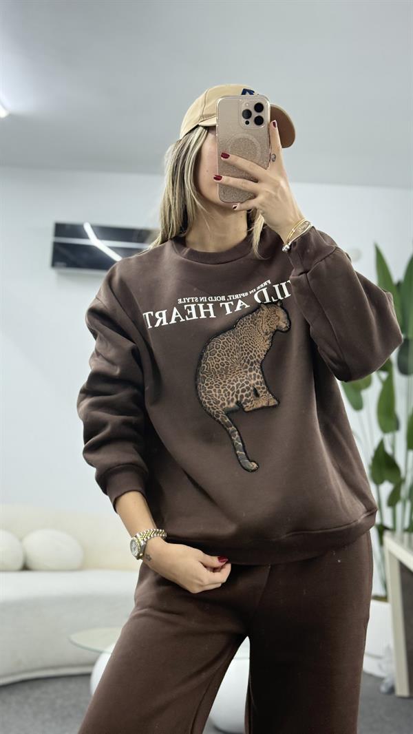 KİNSY LEOPAR DETAYLI KAHVERENGİ SEATSHIRT