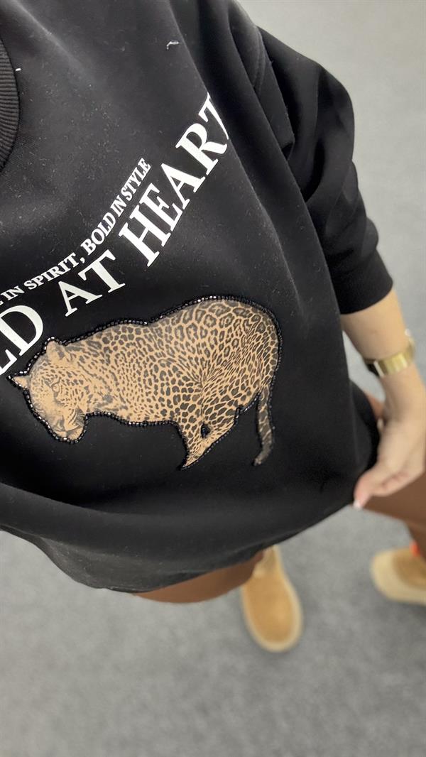 KİNSY LEOPAR DETAYLI SİYAH SWEATSHIRT