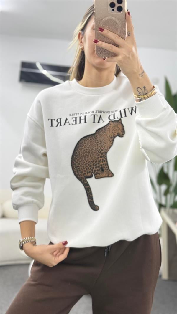KİNSY LEOPAR DETAYLIBEYAZ SWEATSHIRT
