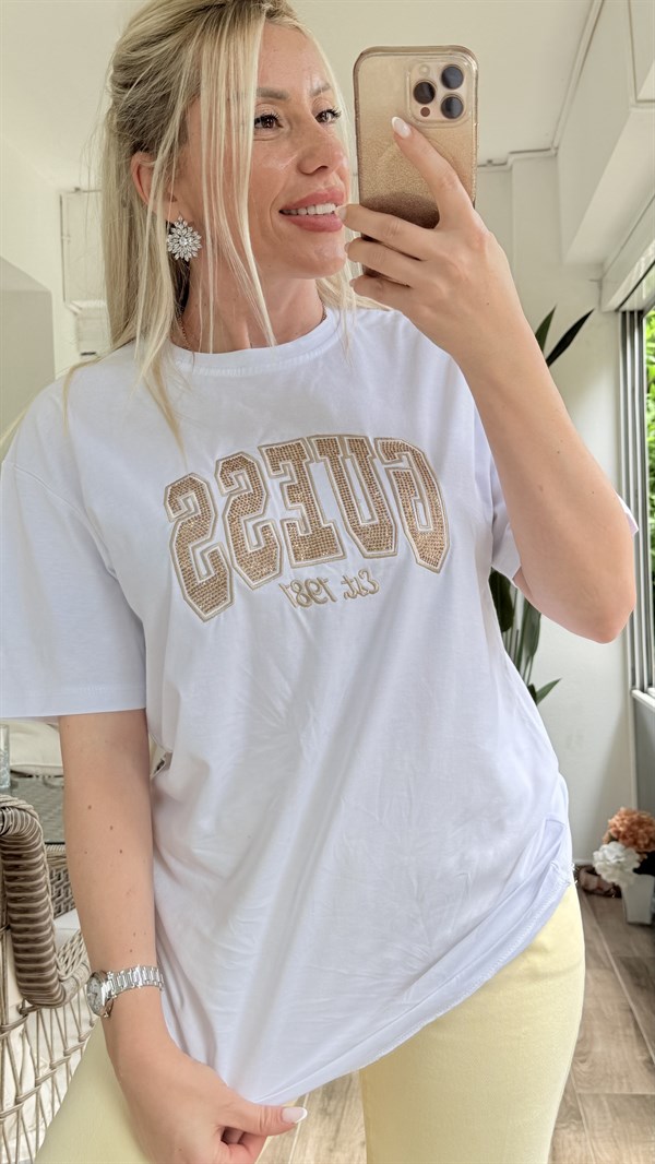 KÜİŞ BEYAZ GOLD YAZILI TSHRT 