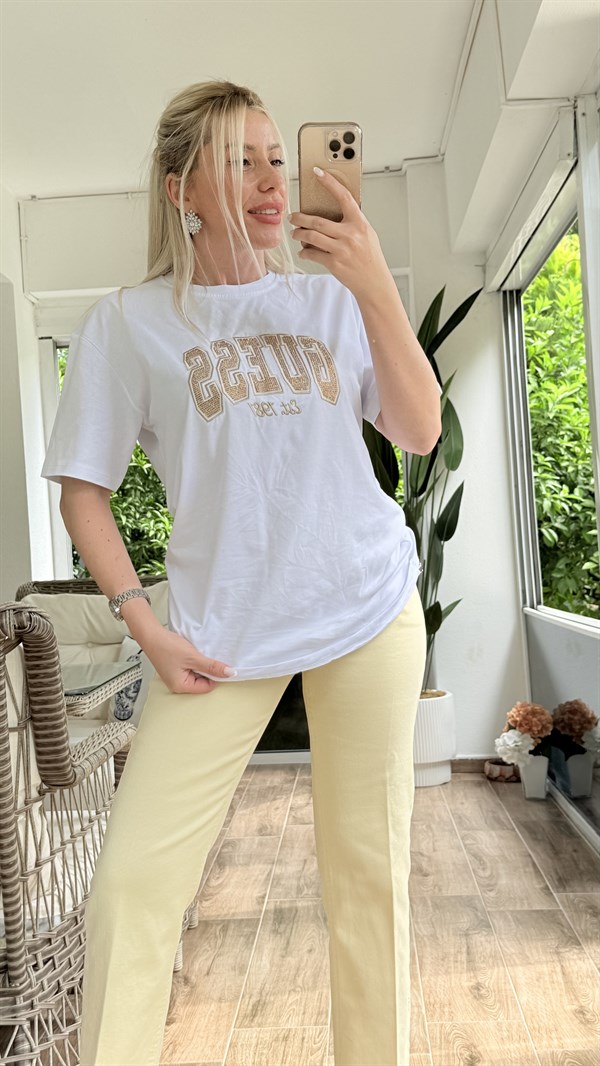 KÜİŞ BEYAZ GOLD YAZILI TSHRT 