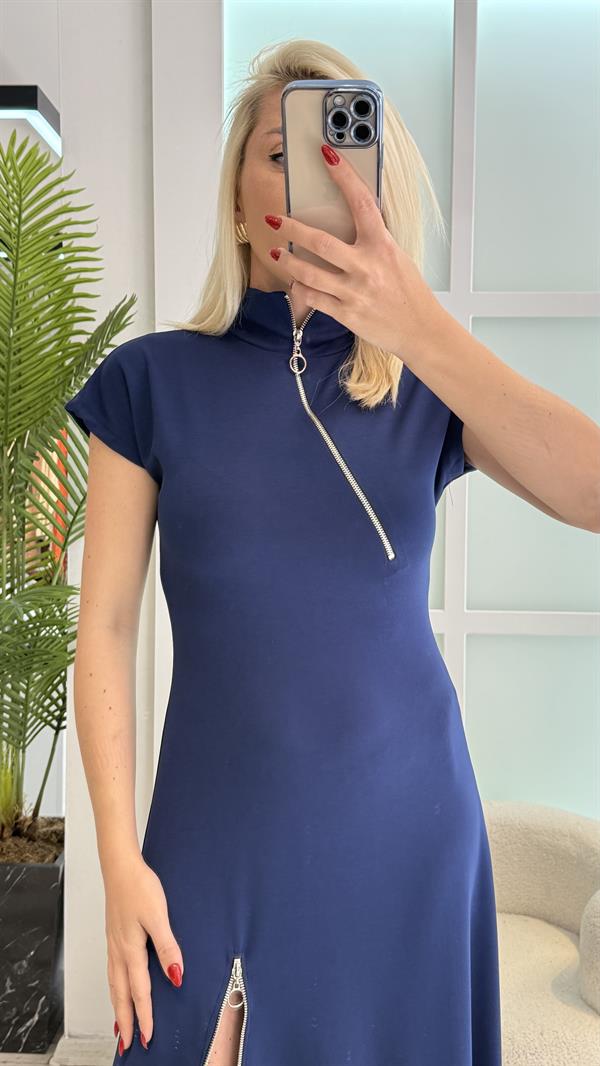 LACİVERT FERMUAR DETAYLI ELBİSE