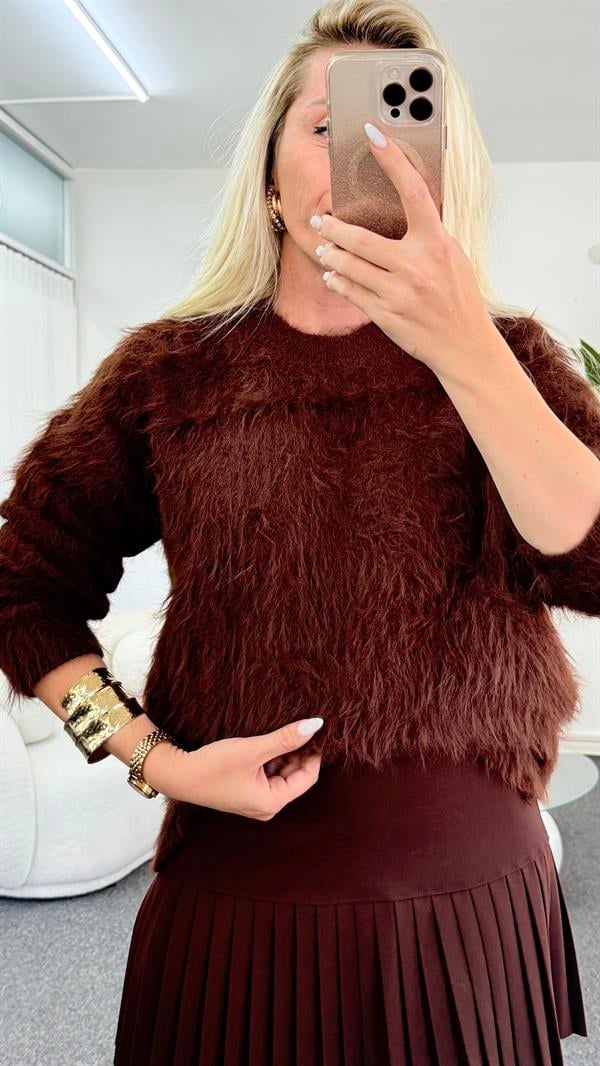 LENSİ KAHVERENGİ SAÇAKLI KAZAK