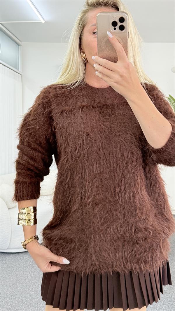 LENSİ KAHVERENGİ SAÇAKLI KAZAK