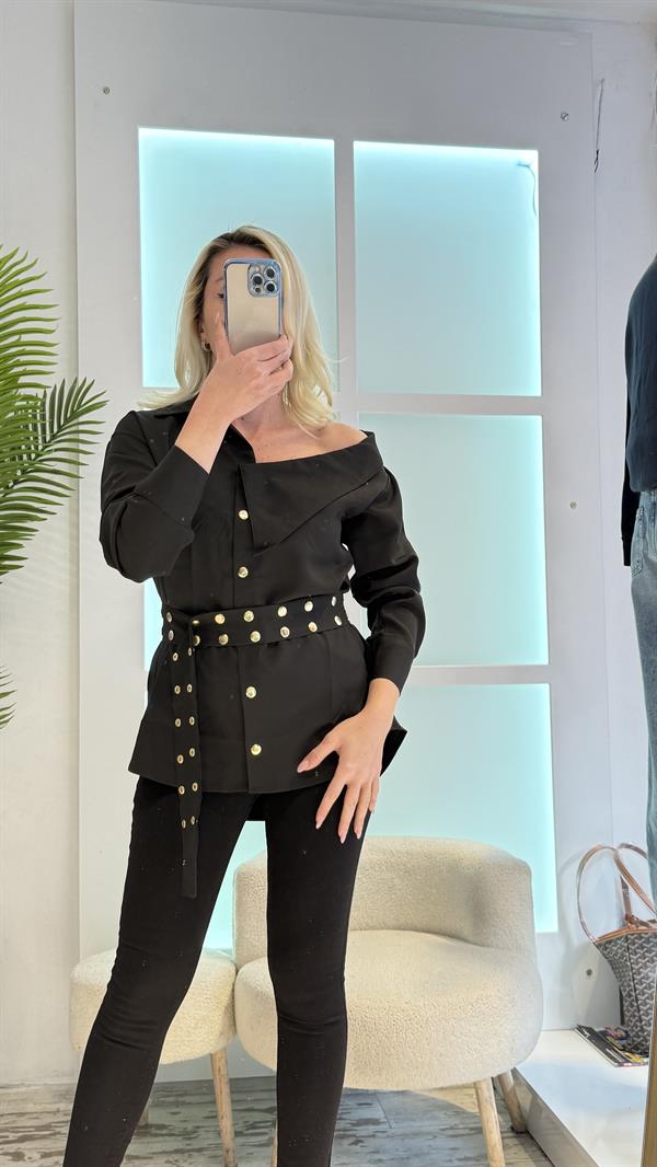 LEONA SİYAH KEMERLİ GÖMLEK