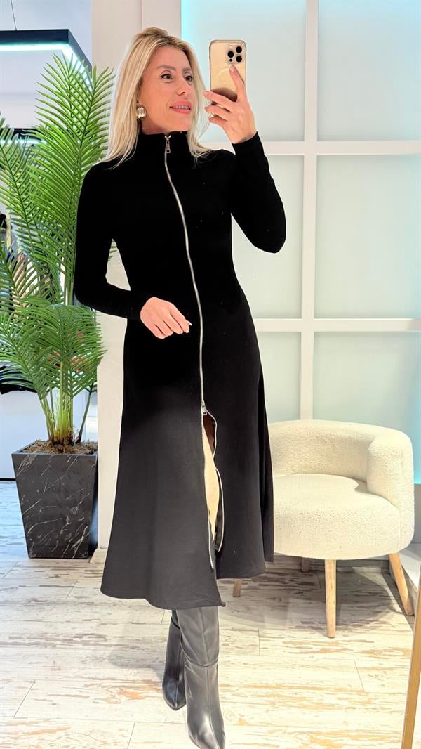 LEVİN FERMUAR DETAYLI SİYAH ELBİSE