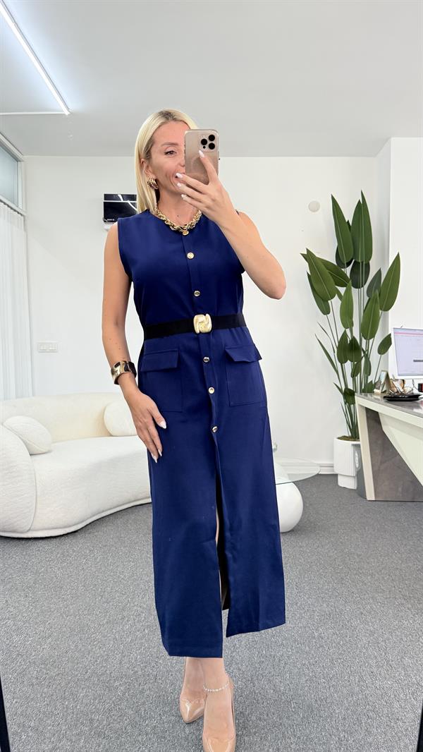 MİNA LACİVERT KEMERLİ ELBİSE