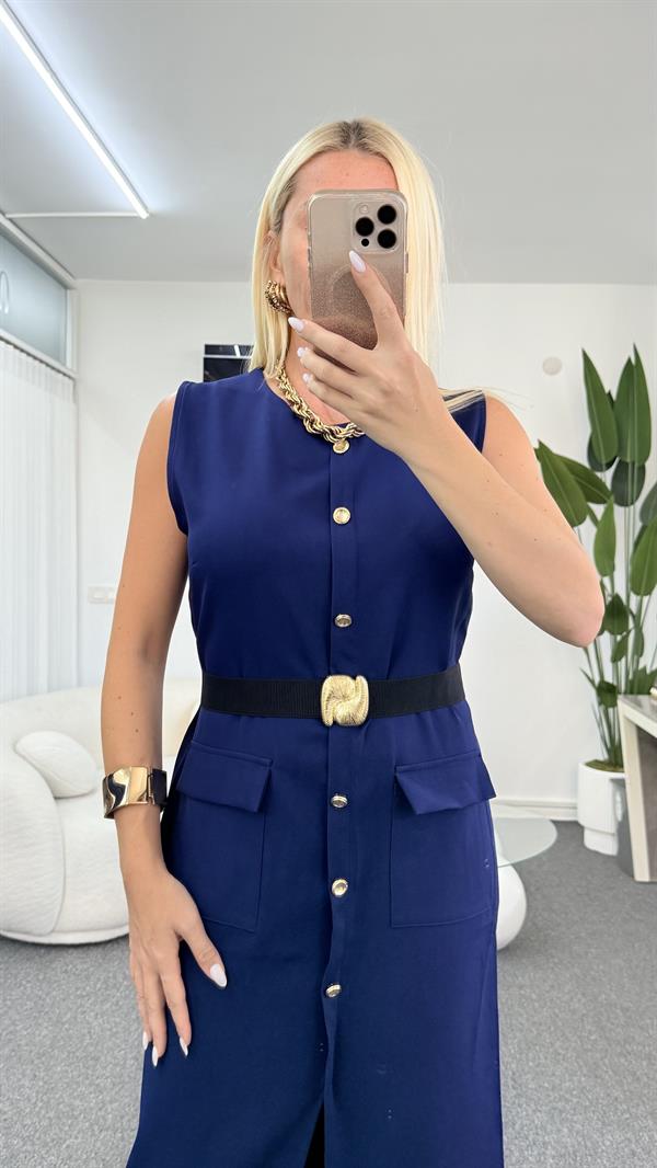 MİNA LACİVERT KEMERLİ ELBİSE