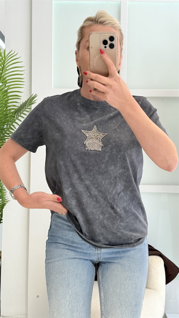 MİNKS YILDIZ TAŞLI ANTRASİT GRİ TSHRT 