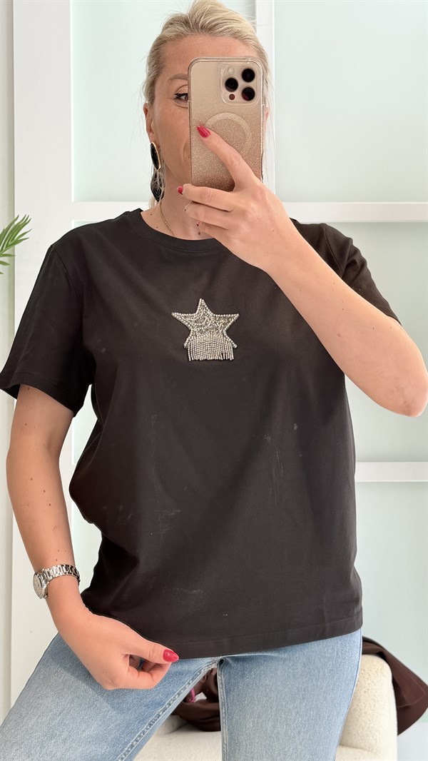 MİNKS YILDIZ TAŞLI SİYAH TSHRT 