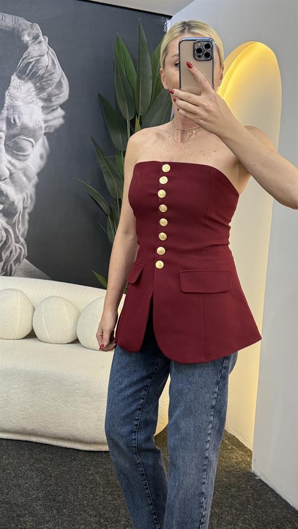 MONİ BORDO GOLD DÜĞMELİ STRAPLEZ YELEK