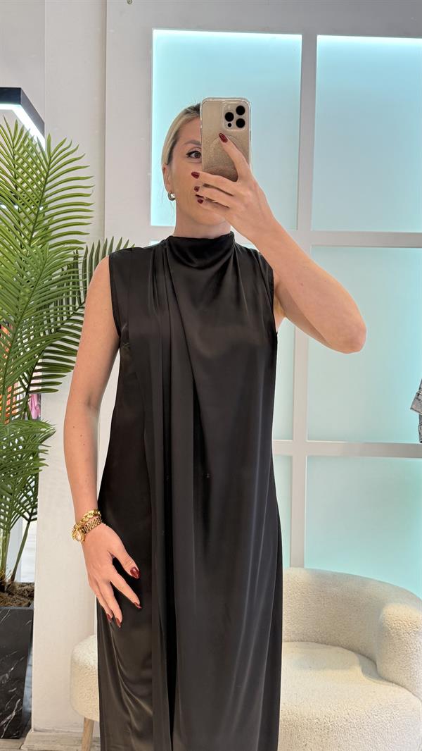 OLİVE SİYAH SATEN UZUN ELBİSE