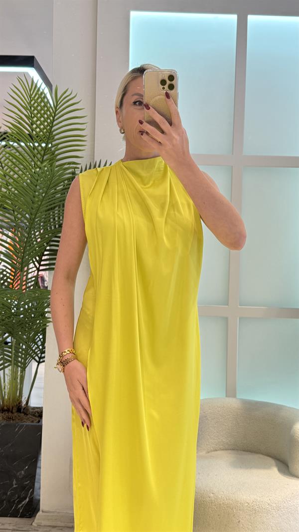 OLİVE YEŞİL SATEN UZUN ELBİSE