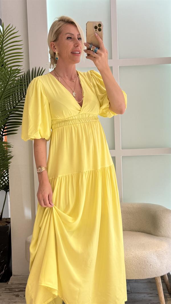 PATRİCİA BALON KOL SARI ELBİSE