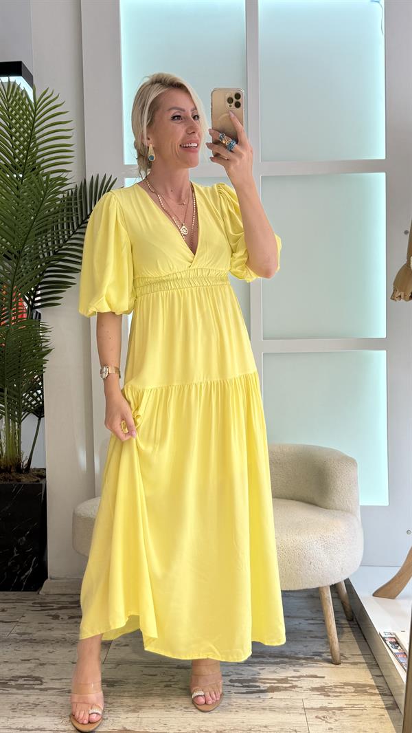 PATRİCİA BALON KOL SARI ELBİSE