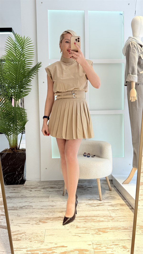 PERİY KREM PİLELİ ELBİSE 