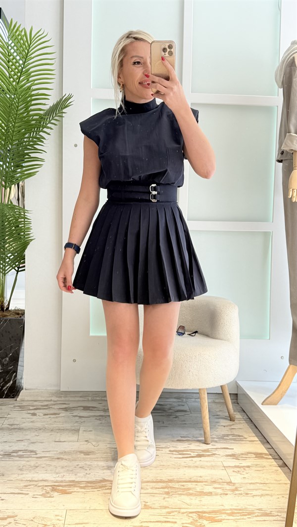 PERİY LACİVERT PİLELİ ELBİSE