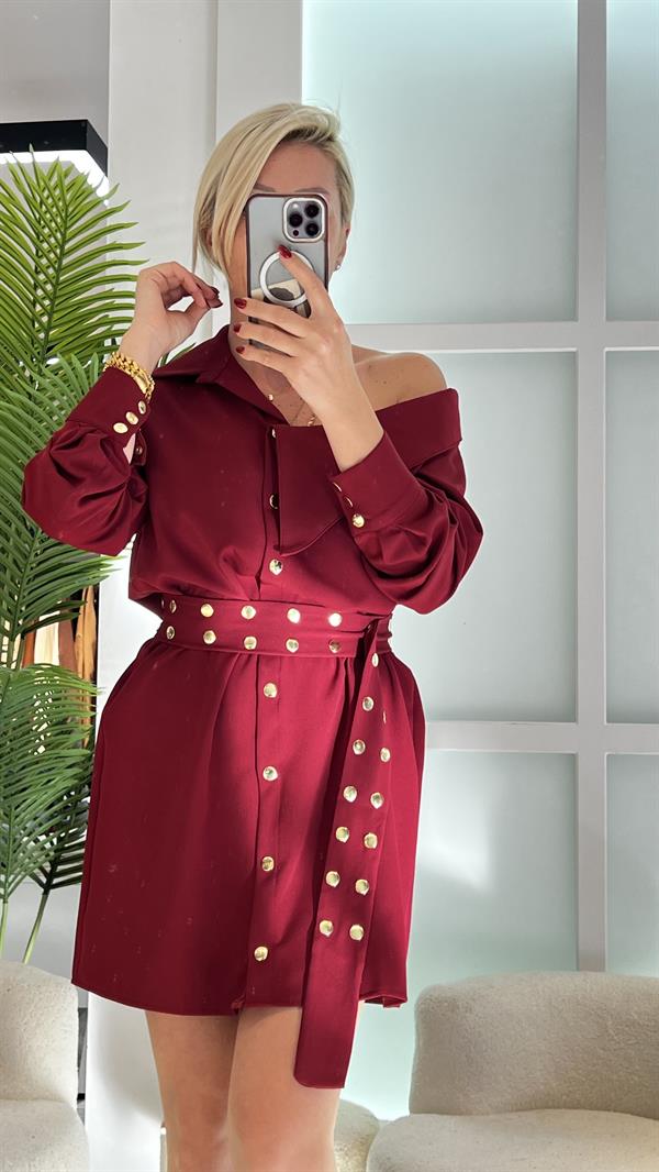 QUİS BORDO OMZU DÜŞÜK ELBİSE
