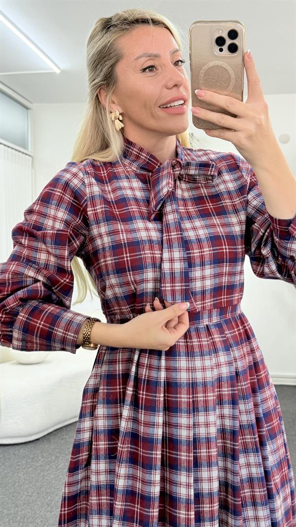 RELLE EKOSE BORDO ELBİSE 