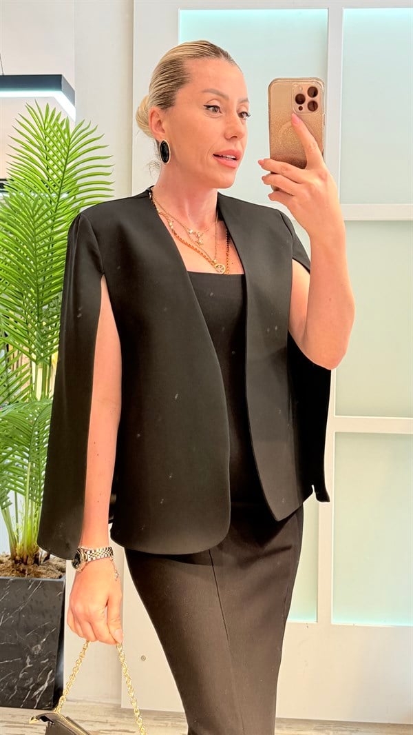 REYNİ SİYAH PELERİN BLAZER CEKET 