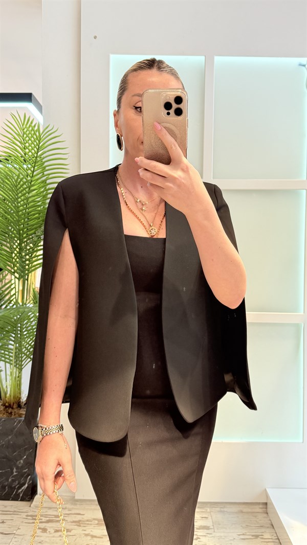 REYNİ SİYAH PELERİN BLAZER CEKET 