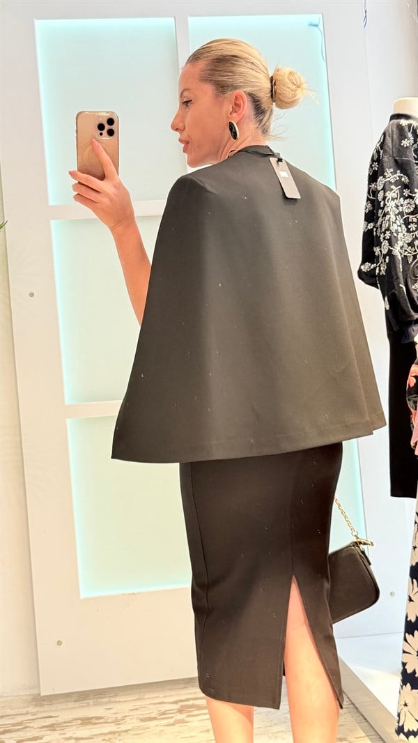 REYNİ SİYAH PELERİN BLAZER CEKET 