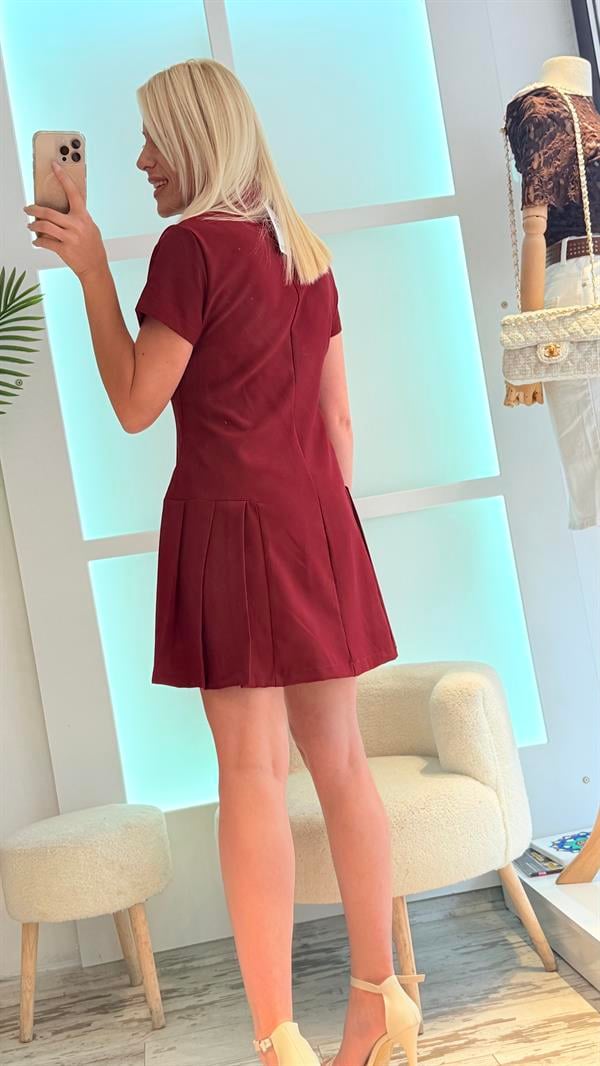 RİSS KALP DÜĞME DETAYLI BORDO ELBİSE 