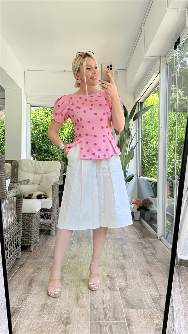 ŞİLEYSİ PEMBE PUANTİYELİ BLUZ