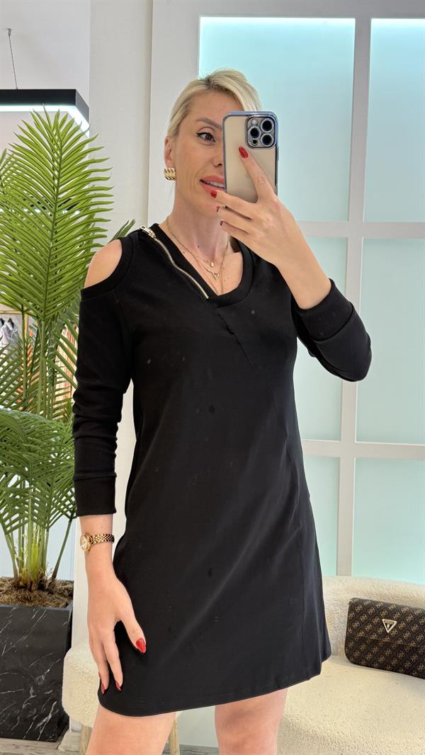SİYAH FERMUAR DETAYLI ELBİSE