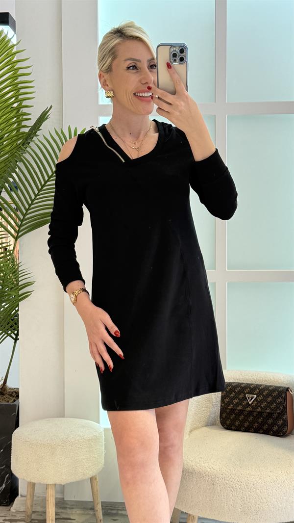 SİYAH FERMUAR DETAYLI ELBİSE