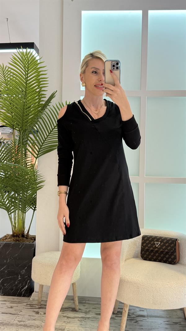 SİYAH FERMUAR DETAYLI ELBİSE