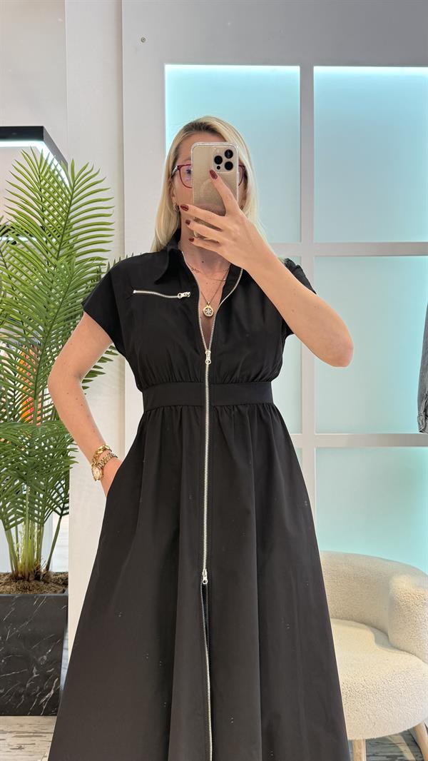 SİYAH FERMUAR DETAYLI GÖMLEK ELBİSE