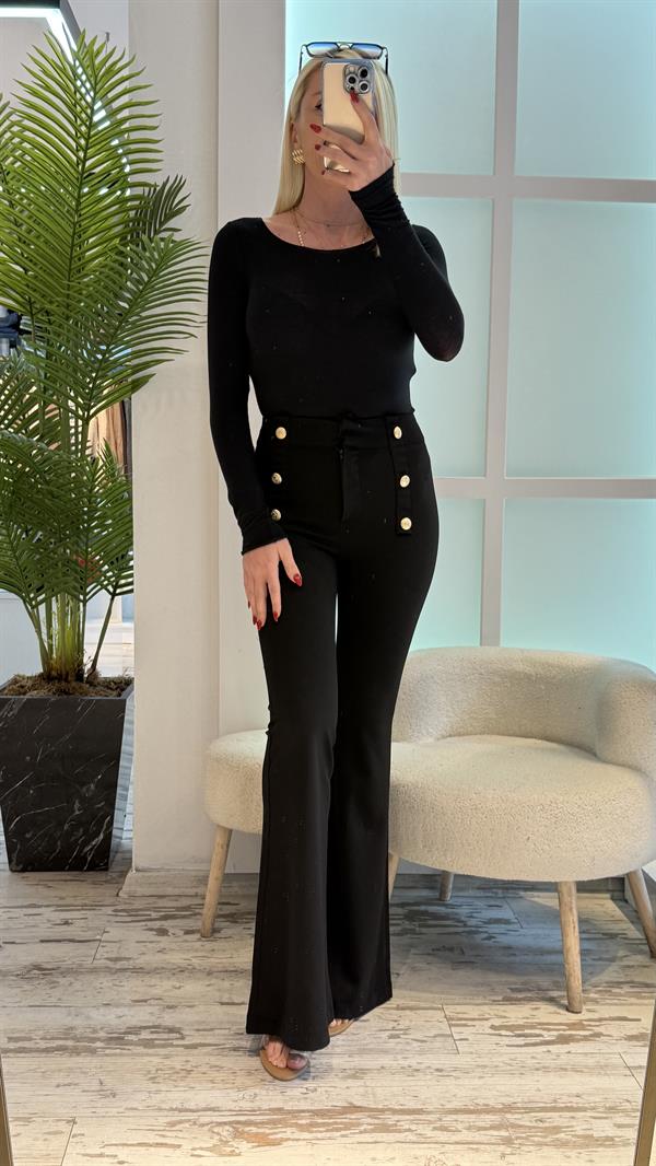 SİYAH GOLD DÜĞME DETAYLI İSPANYOL JEAN