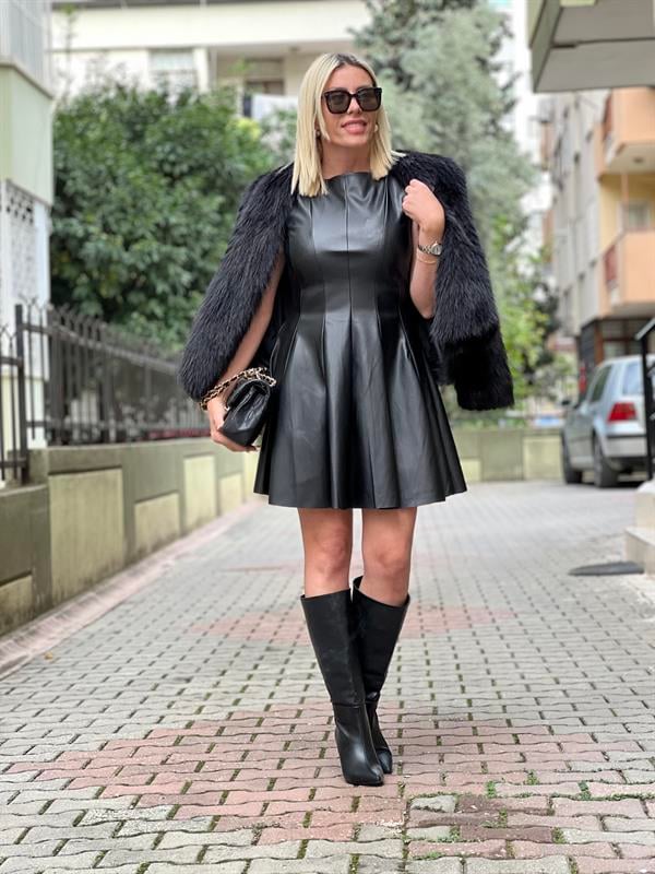 SKİN DERİ SİYAH ELBİSE 