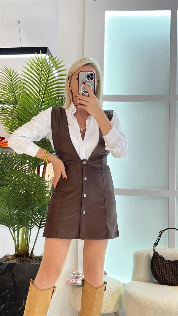 SNK KAHVERENGİ DERİ SALOPET ELBİSE