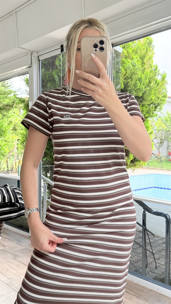 SOLVEN KAHVE ÇİZGİLİ ELBİSE