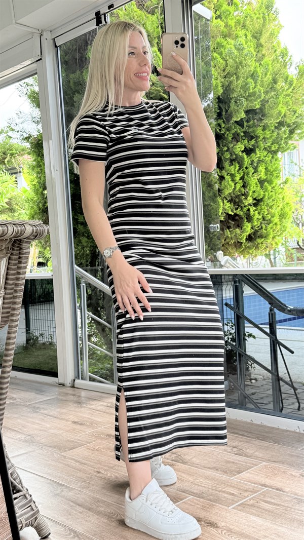 SOLVEN YEŞİL ÇİZGİLİ ELBİSE