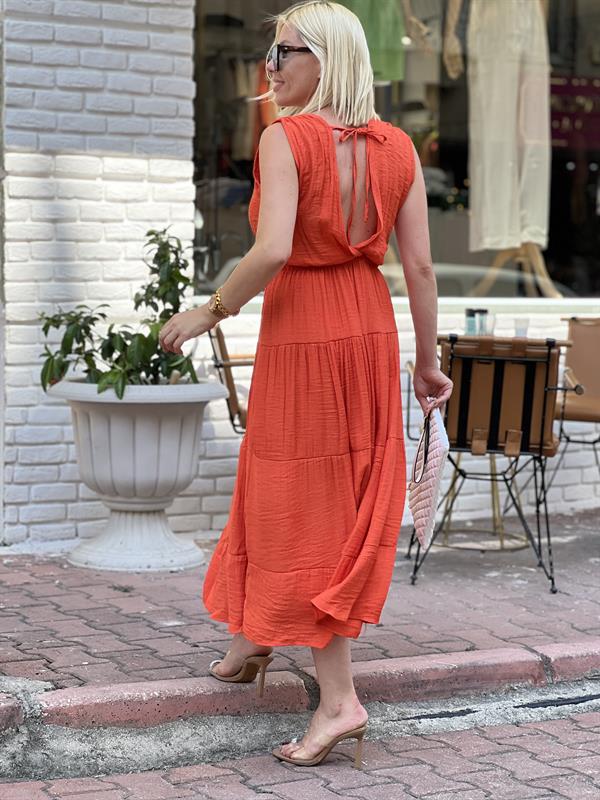 SHOULDER TURUNCU KOLSUZ ELBİSE 