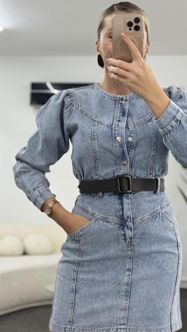 VENESSA KEMERLİ BUZ MAVİSİ KOT ELBİSE