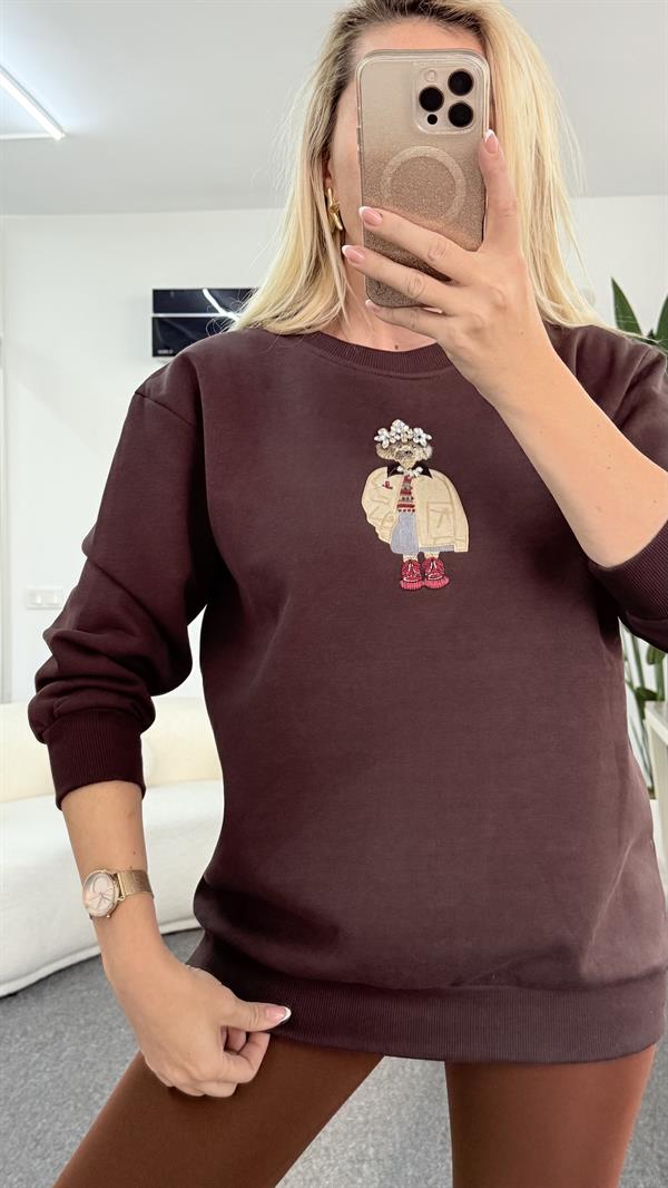 WONS AYICIK İŞLEMELİ KAHVERENGİ SWEATSHIRT