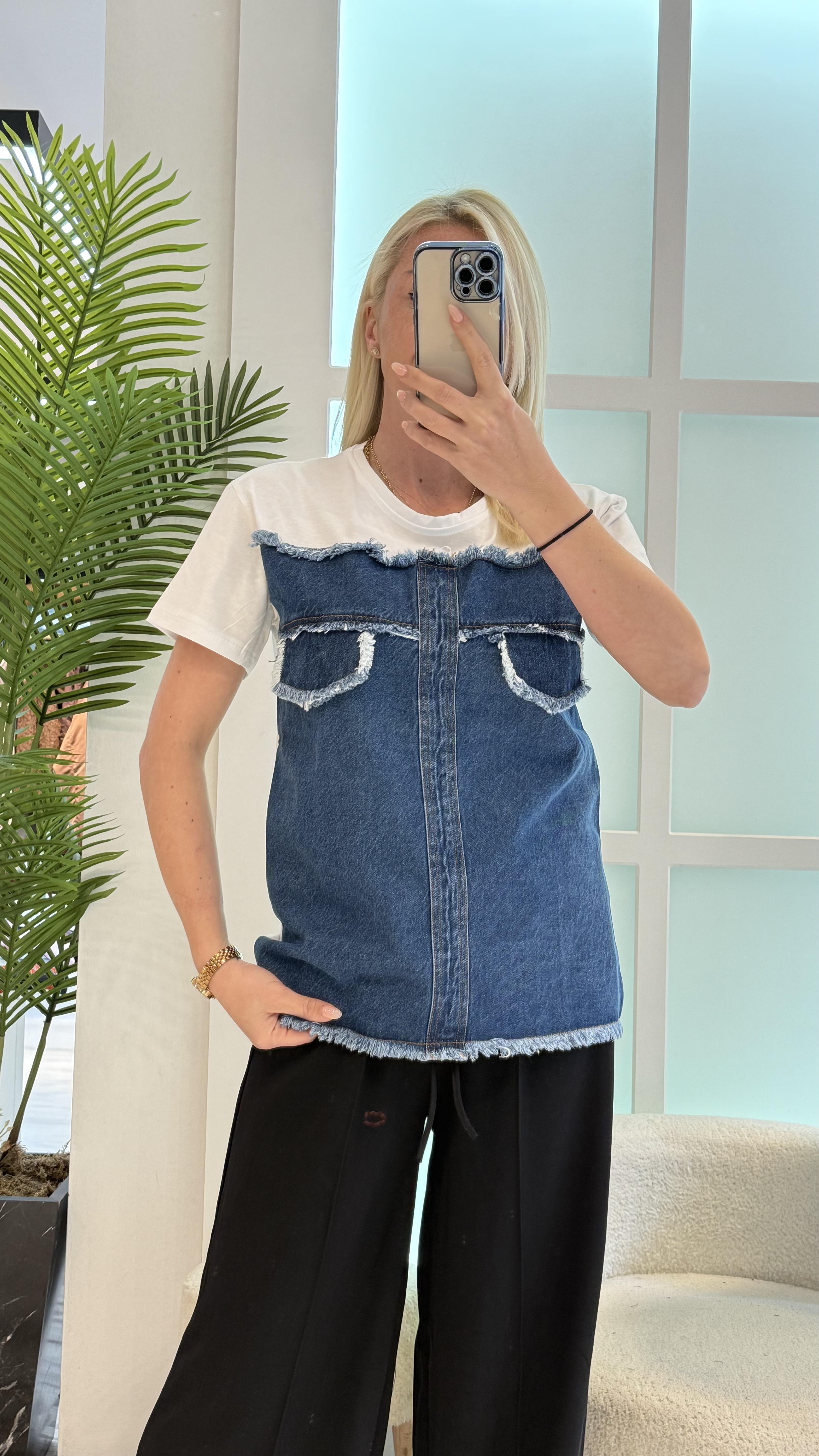 BEYAZ KOT DETAY TSHIRT