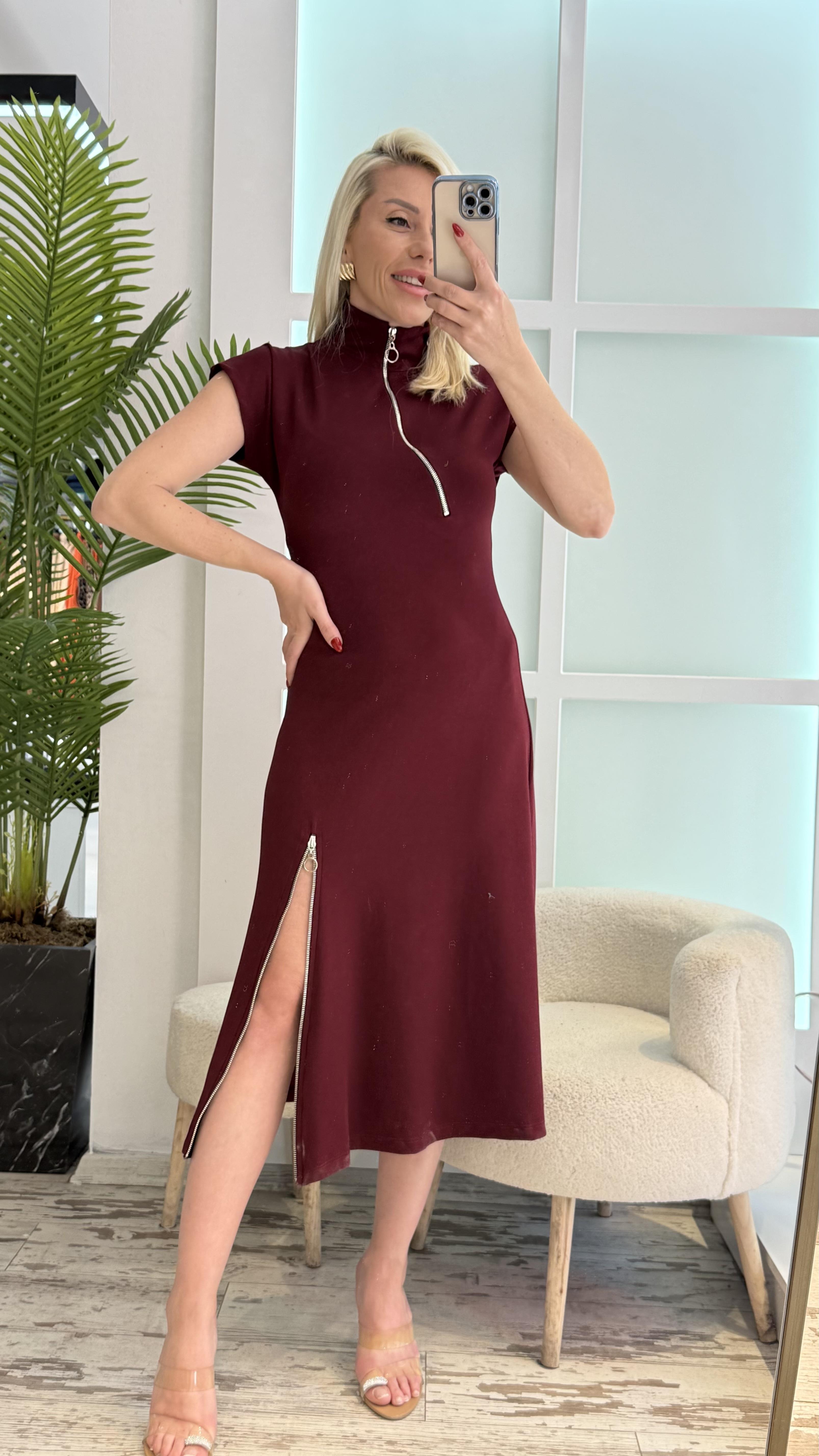Bordo Fermuar Detaylı Elbise